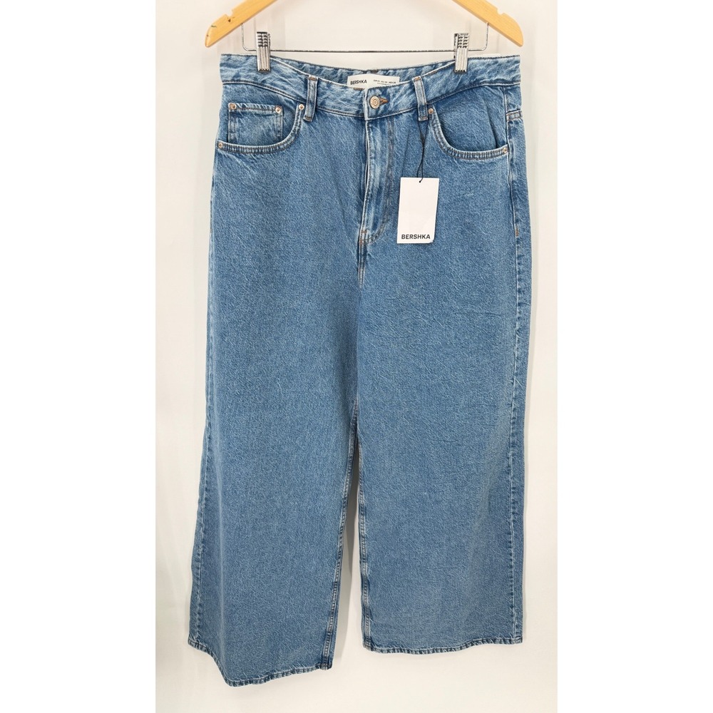 Bershka Jeans Womens 8 Blue Mega Baggy High Waisted Wide Leg Denim Streetwear